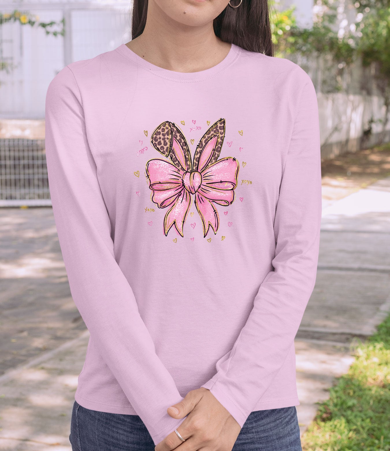 Leopard Bunny Ears With Pink Bow Long Sleeve Shirts
