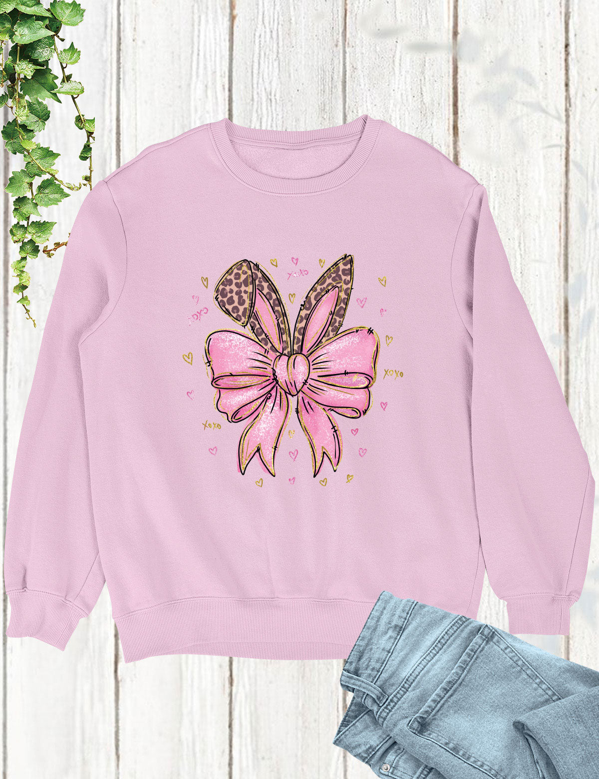 Leopard Bunny Ears With Pink Bow Long Sleeve Shirts