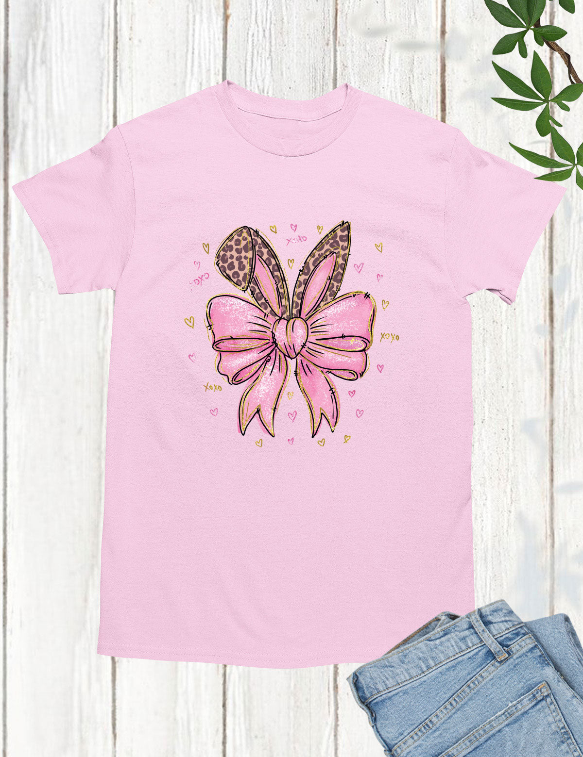 Leopard Bunny Ears With Pink Bow Long Sleeve Shirts