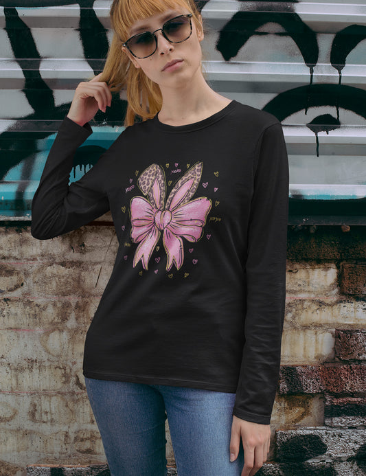 Leopard Bunny Ears With Pink Bow Long Sleeve Shirts