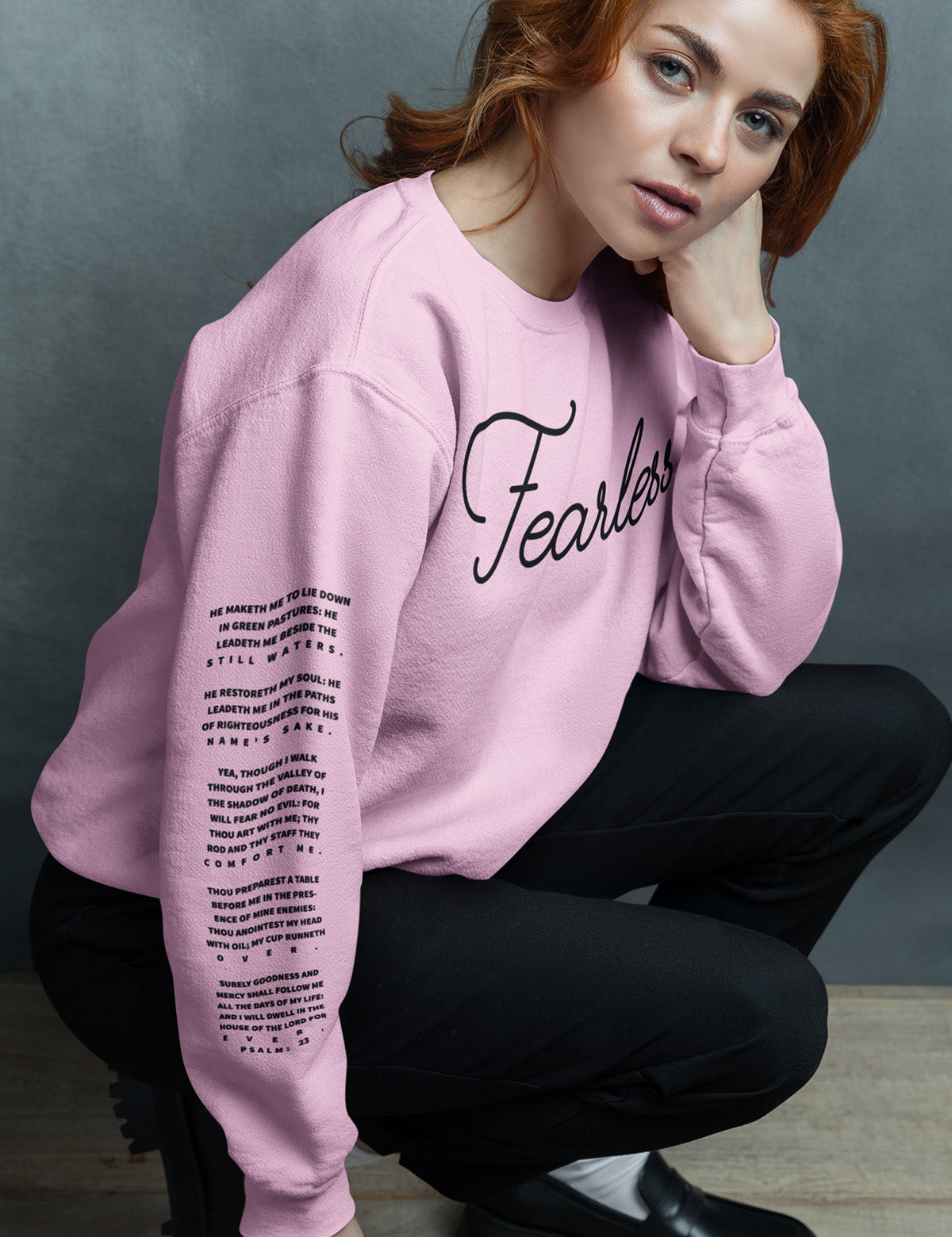 Fearless Trendy Bible Verse Christian Sweatshirt PSALM 23 With Sleeve Print