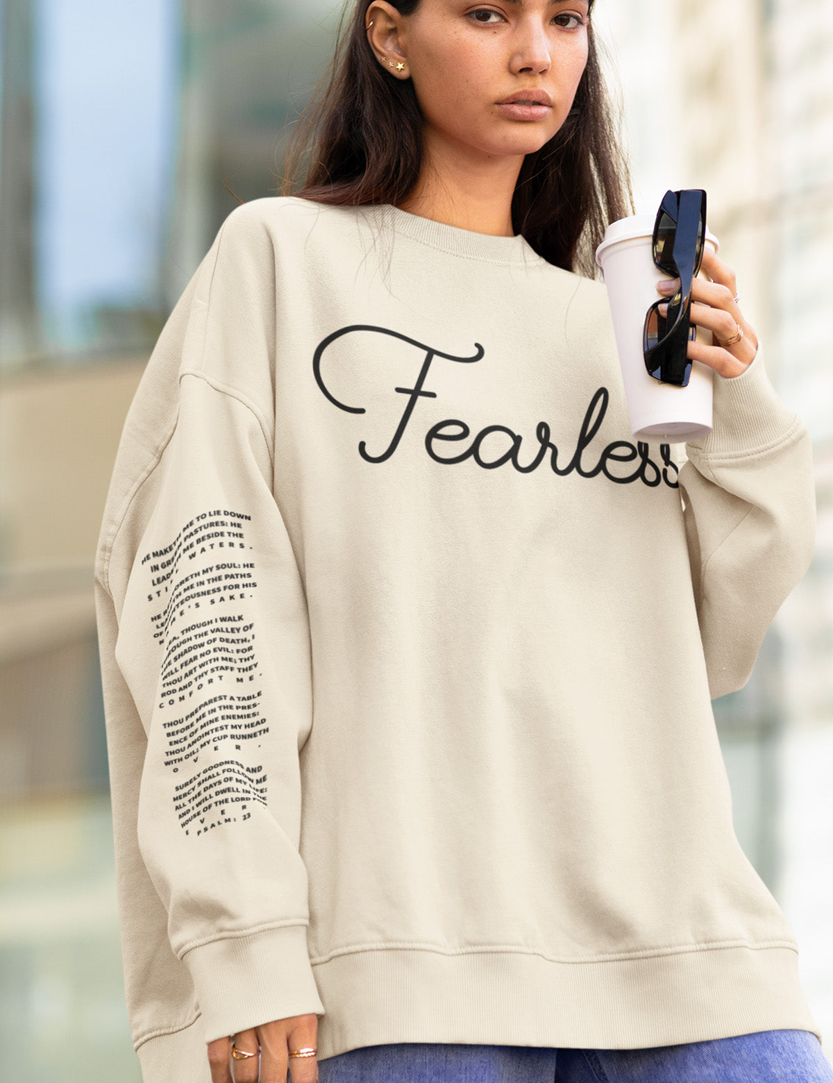Fearless Trendy Bible Verse Christian Sweatshirt PSALM 23 With Sleeve Print