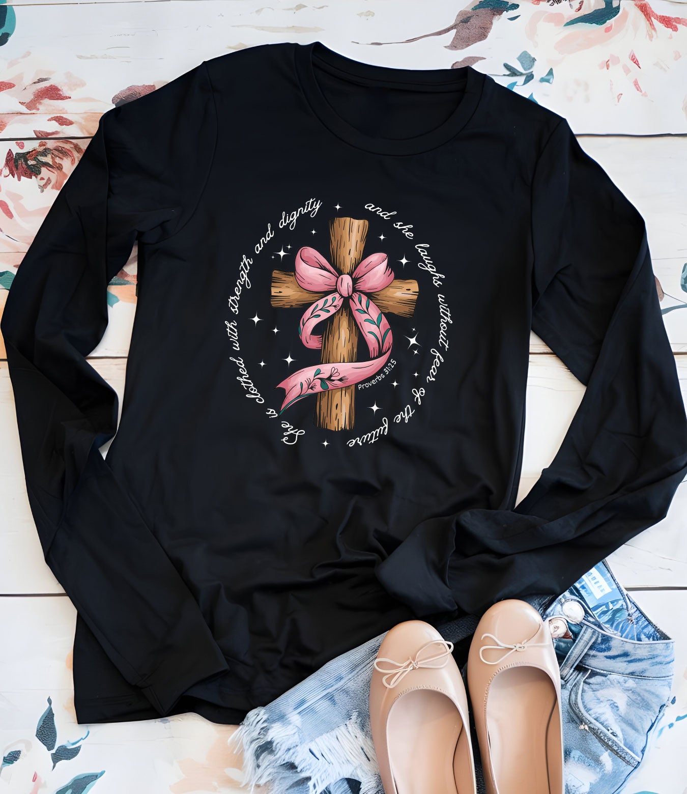 She is Bible Verse Coquette Long Sleeve Christian Shirts