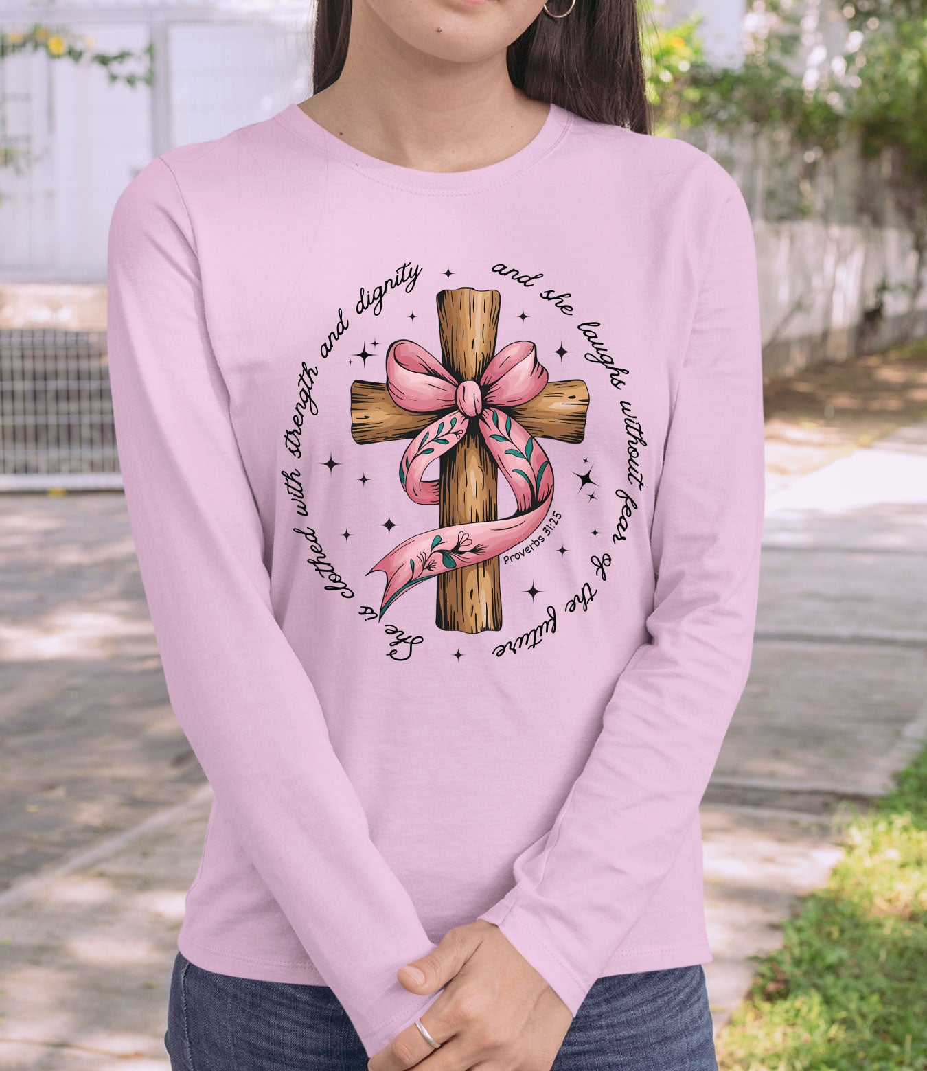 She is Bible Verse Coquette Long Sleeve Christian Shirts