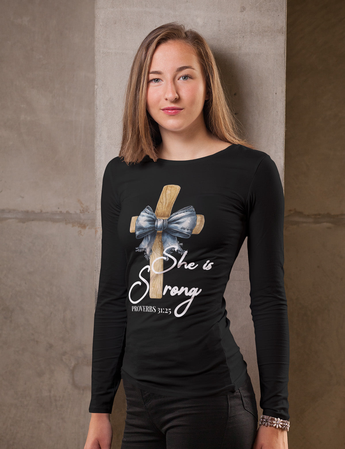 She is Strong Proverbs 31:25 Long Sleeve Womens T Shirts