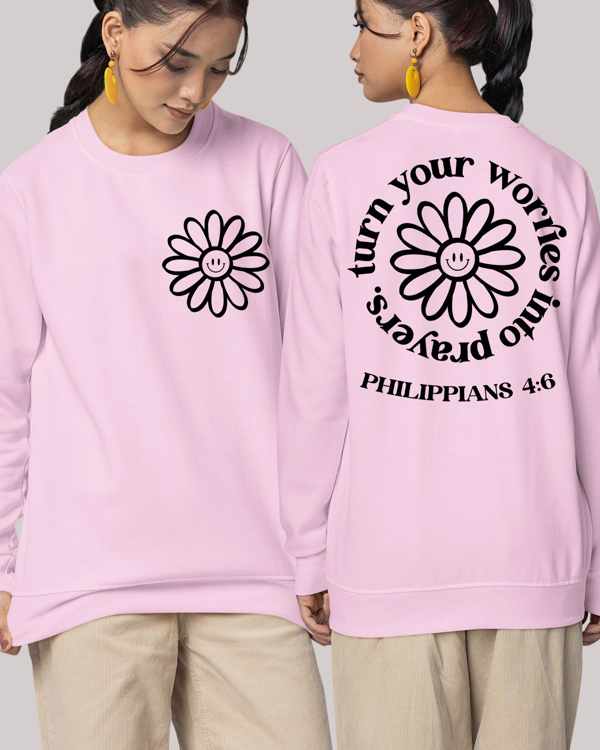 Turn Your Worries Into Prayer scripture verse Sweatshirts Flower Front Back Trendy Vintage Sweaters