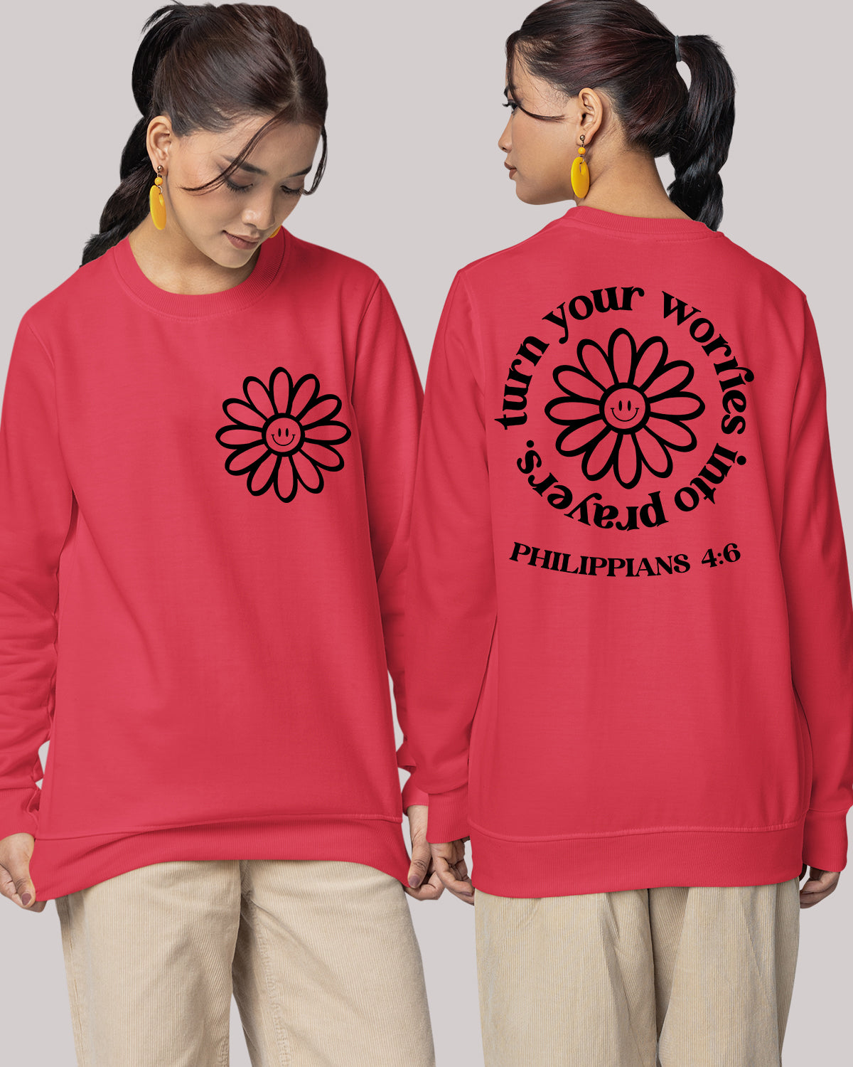 Turn Your Worries Into Prayer scripture verse Sweatshirts Flower Front Back Trendy Vintage Sweaters