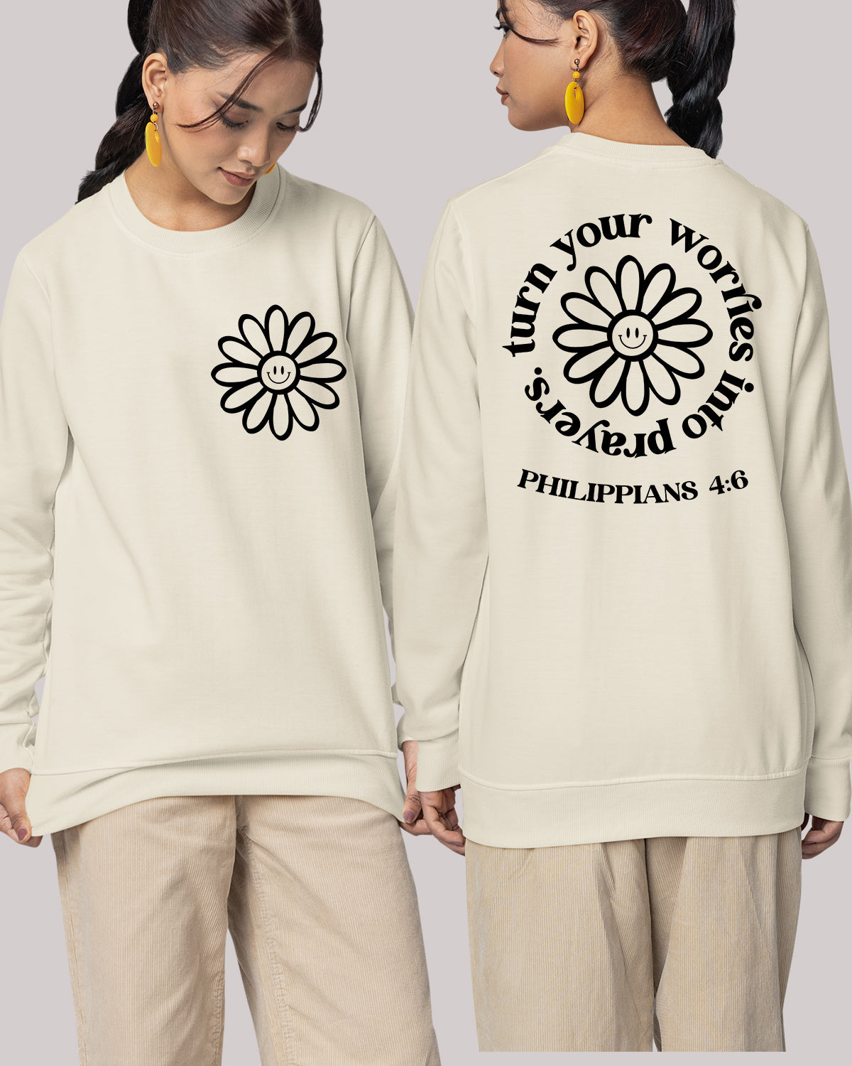 Turn Your Worries Into Prayer scripture verse Sweatshirts Flower Front Back Trendy Vintage Sweaters