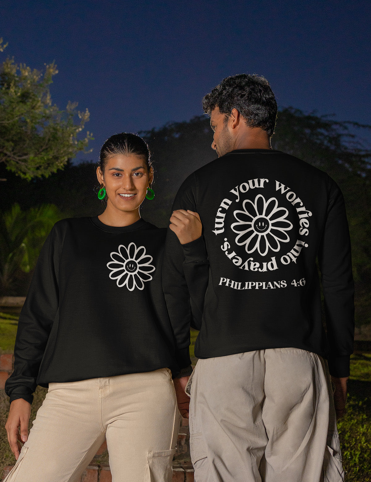 Turn Your Worries Into Prayer scripture verse Sweatshirts Flower Front Back Trendy Vintage Sweaters