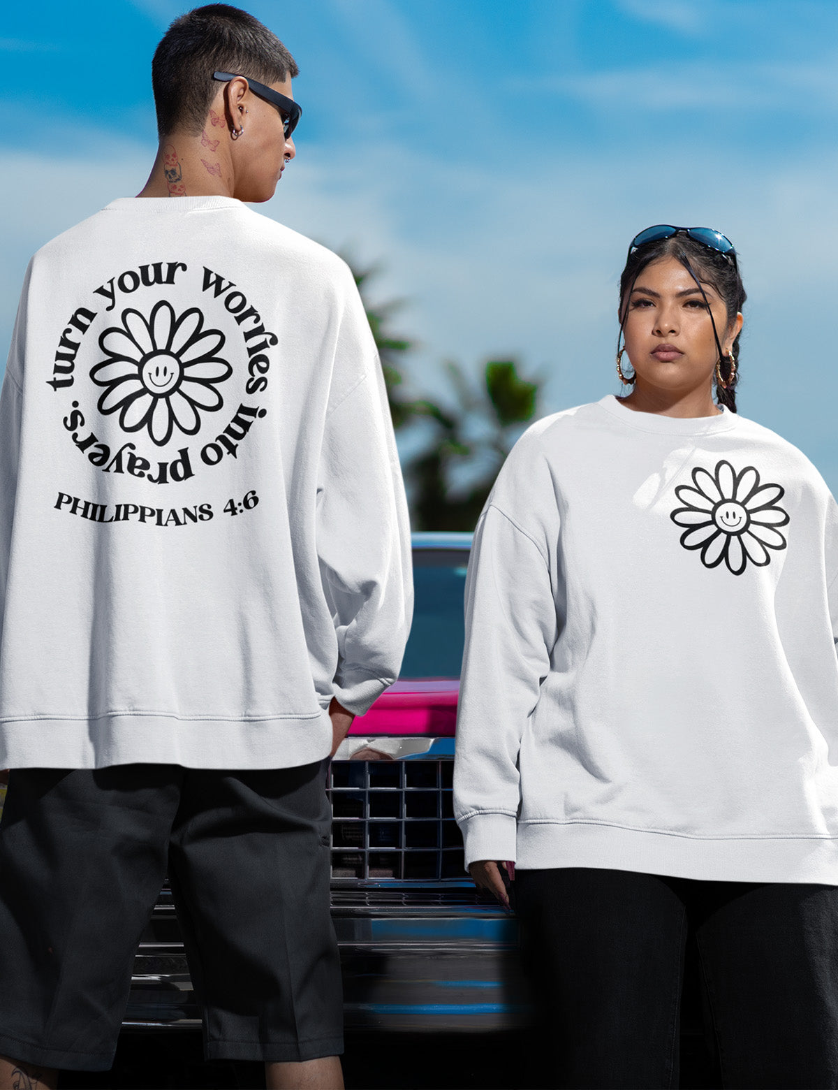 Turn Your Worries Into Prayer scripture verse Sweatshirts Flower Front Back Trendy Vintage Sweaters