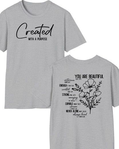 You Are Beautiful Victorious Enough Strong Capable Never Alone Always Loved Front Created With A Purpose Christian T Shirts