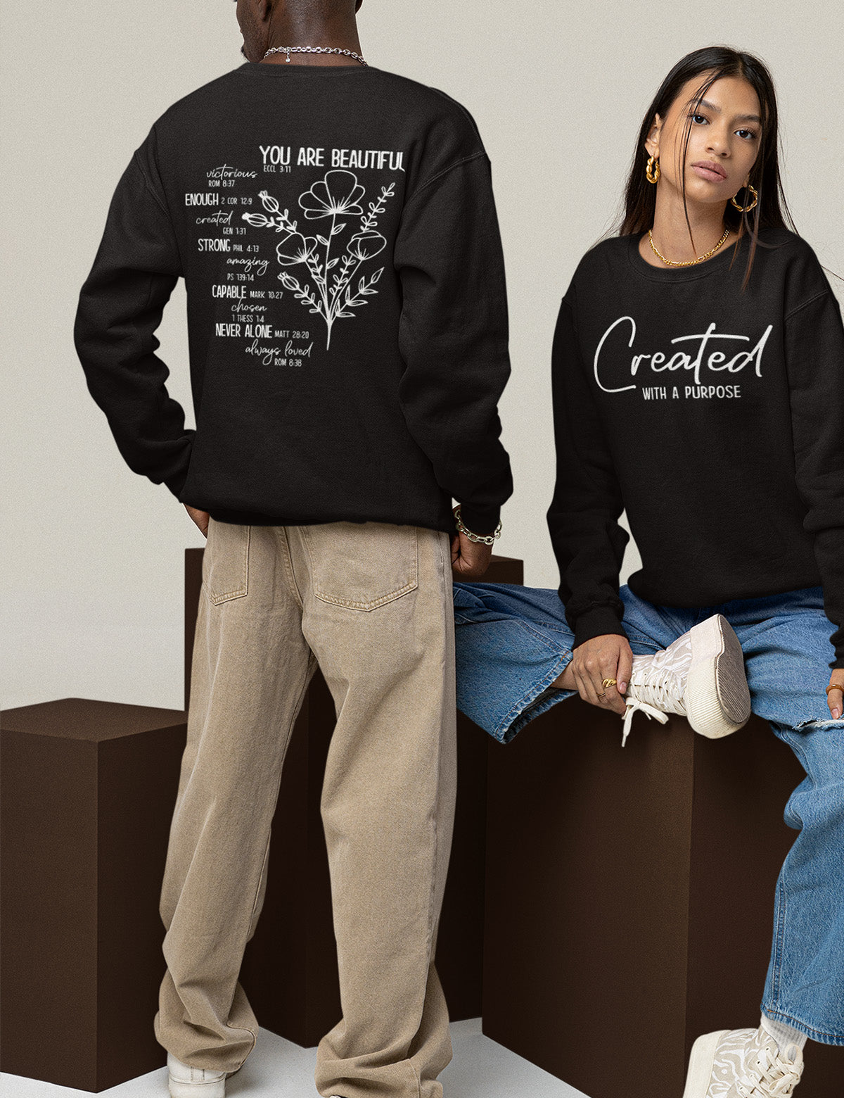 You Are Beautiful Victorious Enough Strong Capable Never Alone Always Loved Front Created With A Purpose Christian SweatshirtsYou Are Beautiful Victorious Enough Strong Capable Never Alone Always Loved Front Created With A Purpose Christian Sweatshirts