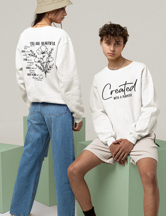 You Are Beautiful Victorious Enough Strong Capable Never Alone Always Loved Front Created With A Purpose Christian Sweatshirts