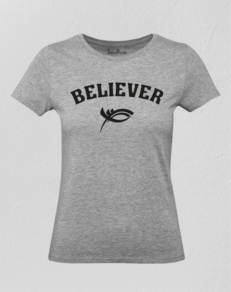 Christian Women T Shirt Believer Fish Sign Jesus Grey tee