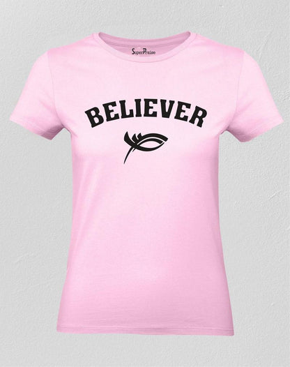 Christian Women T Shirt Believer Fish Sign Jesus Pink tee