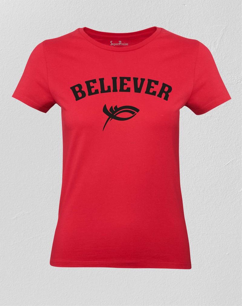 Christian Women T Shirt Believer Fish Sign Jesus Red Tee
