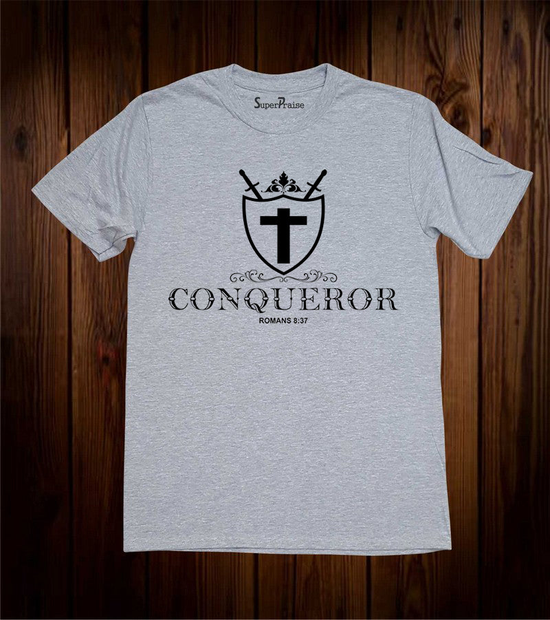 Conqueror Through Jesus Christ Christian Grey T Shirt