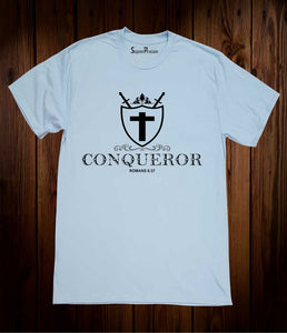 Conqueror Roman 8:37 Christian Sky Blue T Shirt