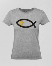 Christian Women T Shirt Early Fish Sign Cross Grey tee