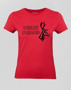 Christian Women T Shirt Deerly Blessed Slogan Red Tee