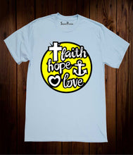 Faith Hope Love Christian Cross Anchor Hearts Christian Sky Blue T-shirt