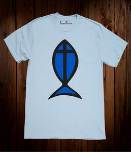 Fish Cross Sign Christian Church Religious Church Easter Christmas Sky Blue T Shirt