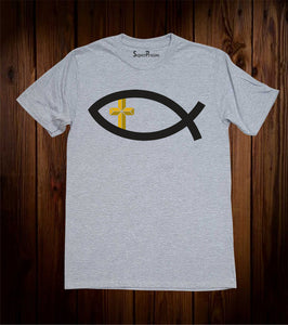 Fish Sign Cross Christian Grey T Shirt