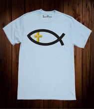 Fish Sign Cross Christian Sky Blue T Shirt