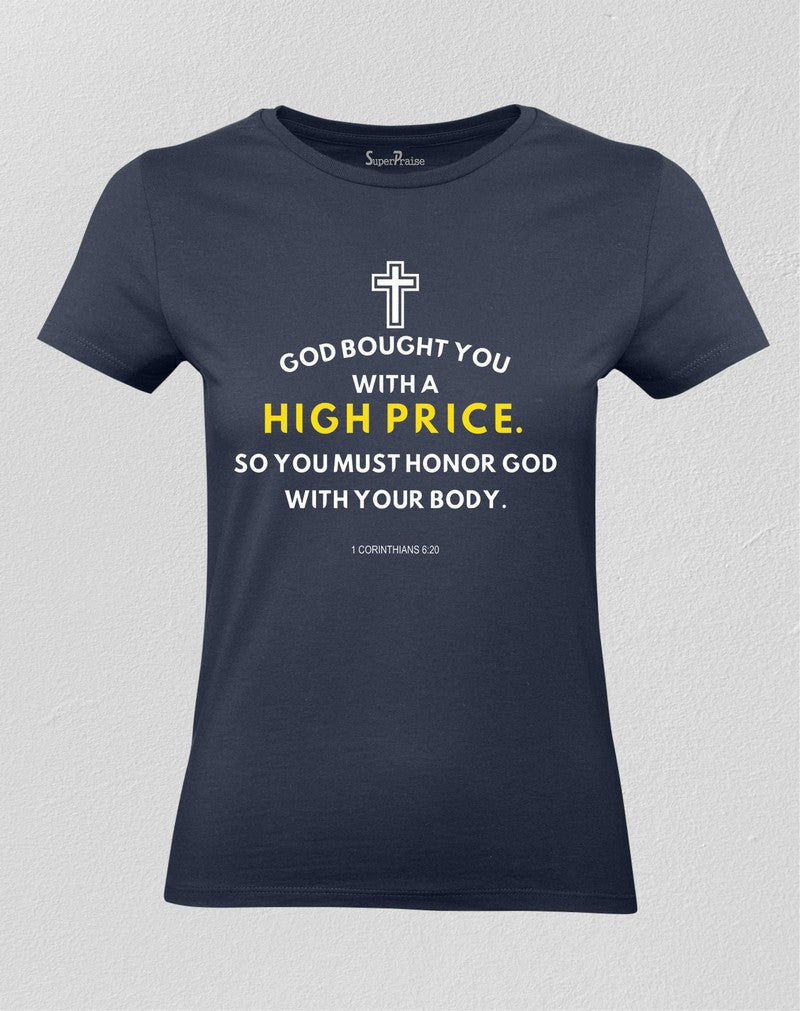 Christian Women T shirt God Bought You With A High Price Navy tee