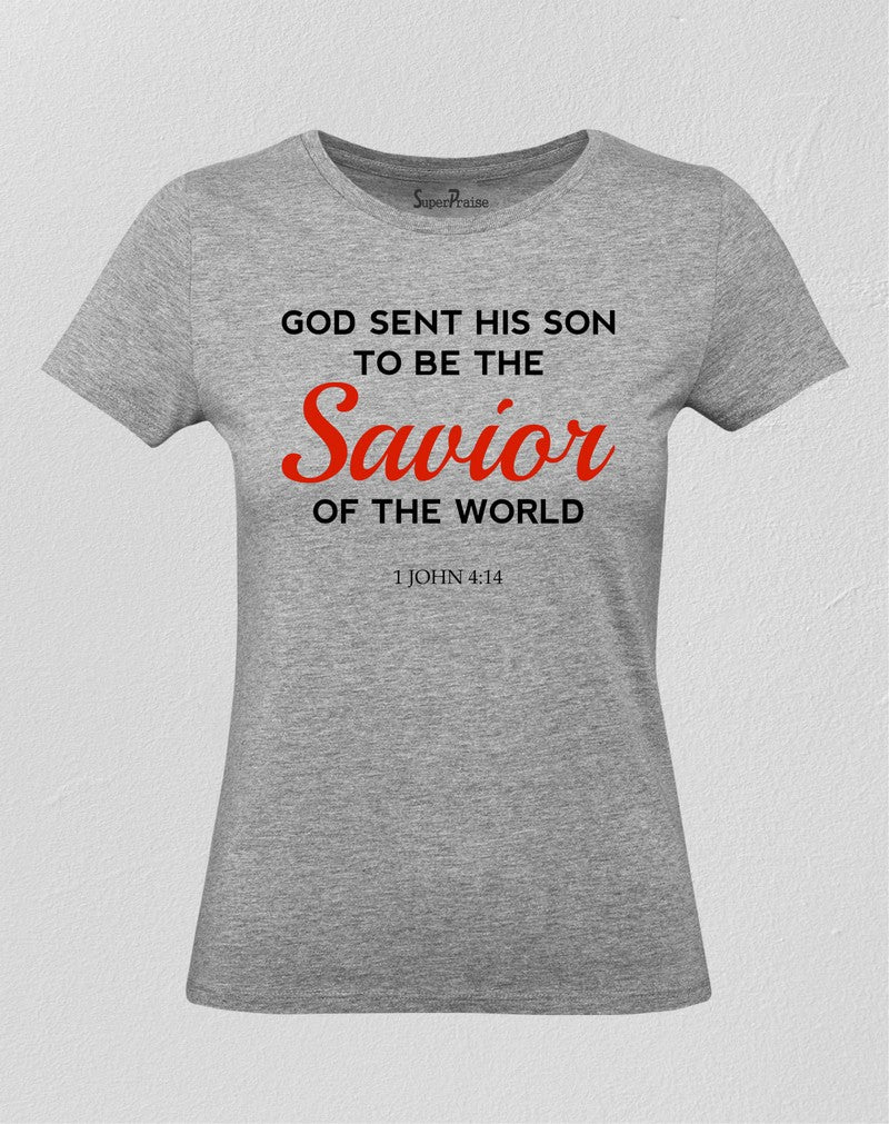 Women Christian T Shirt God Sent Savior Grey tee