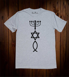 Hanukkah Lamp Star of David Early Christian Fish Sign Christian Grey T shirt