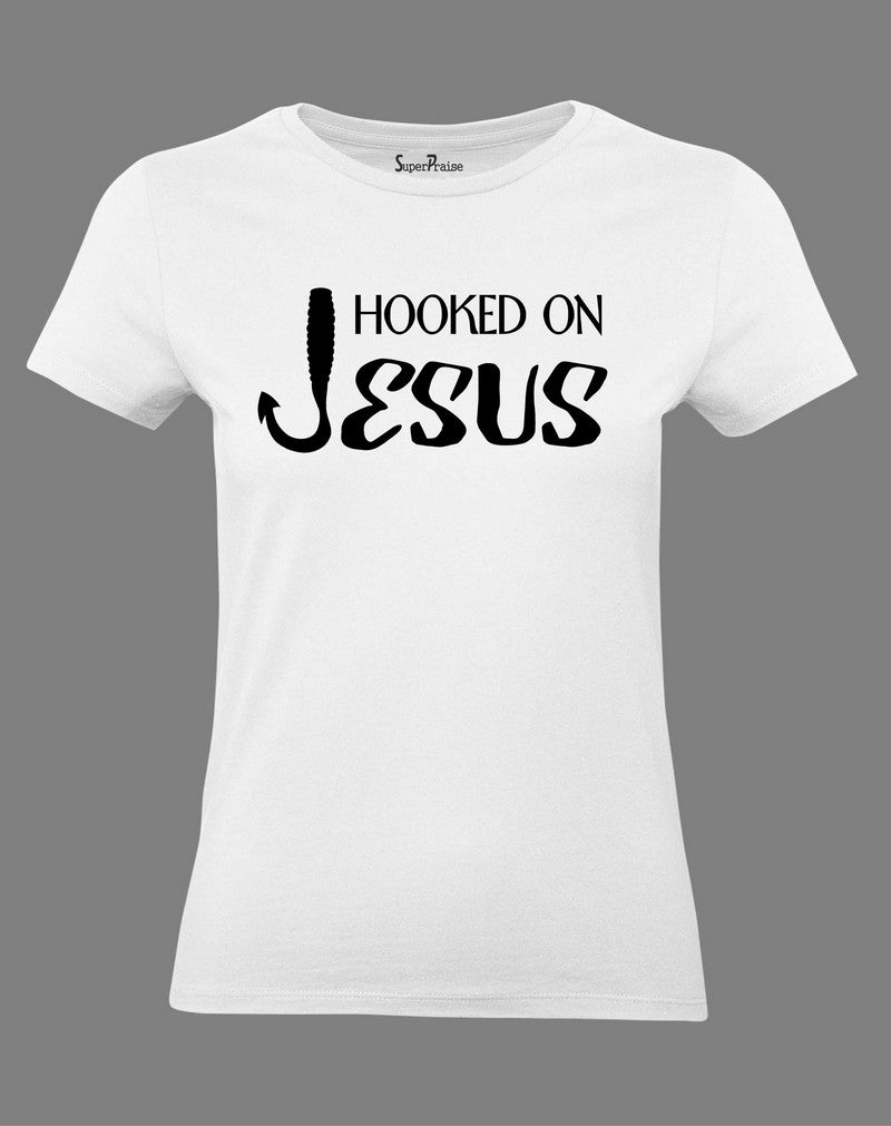 Christian Women T Shirt Hooked On Jesus Cross