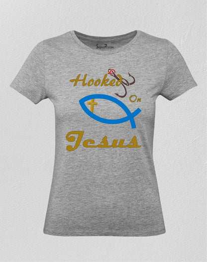 Christian Women T Shirt Hooked On Jesus Fish Sign Grey tee