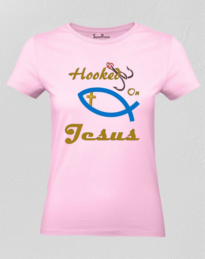 Christian Women T Shirt Hooked On Jesus Fish Sign Pink tee