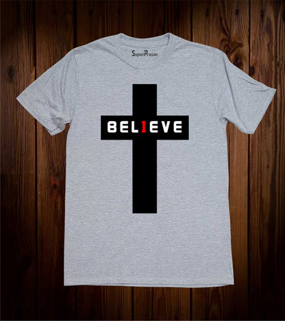 I Believe Christian Cross Scripture Religious Grey T-shirt