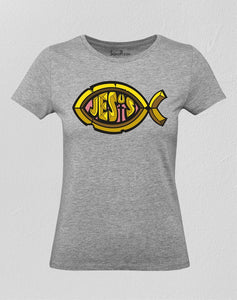 Christian Women T Shirt Jesus Fish Sign Grey tee