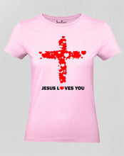 Christian Women T Shirt Jesus Love You By Heart Pink tee