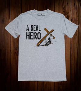  Jesus A Real Hero Men Christian Bible Grey T Shirt