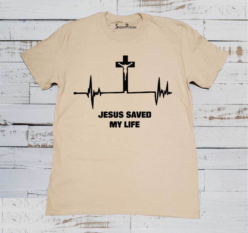 Jesus Saved My Life Heart Beat Montior Christian Beige T Shirt