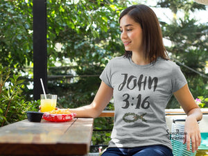Christian Women T Shirt Bible Verse John 3:16 Fish Sign Grey tee