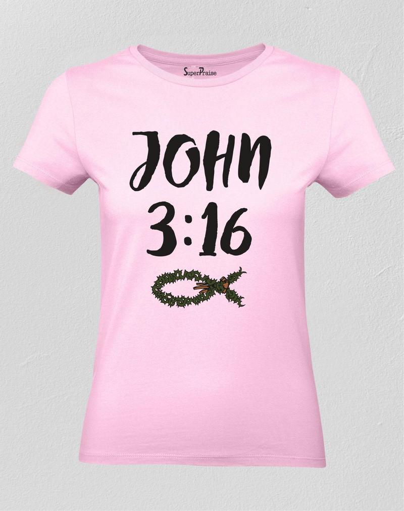Christian Women T Shirt Bible Verse John 3:16 Fish Sign Pink Tee