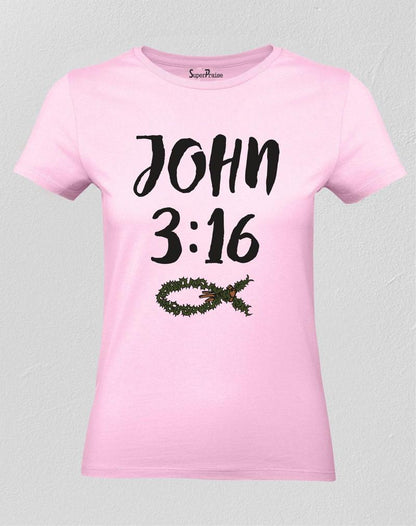 Christian Women T Shirt Bible Verse John 3:16 Fish Sign Pink Tee