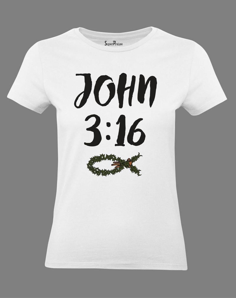 Christian Women T Shirt Bible Verse John 3:16 Fish Sign White Tee