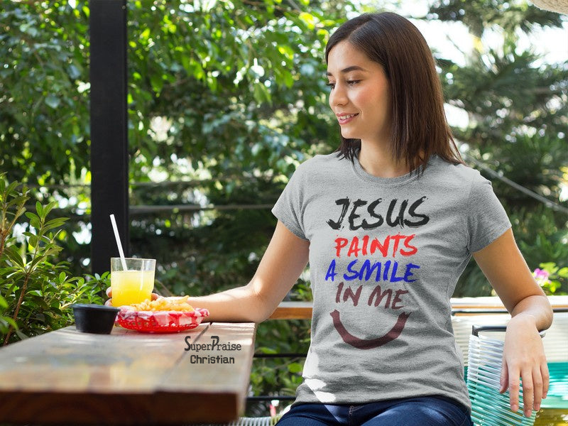 Christian Women T Shirt Jesus Paints A Smile Grey tee