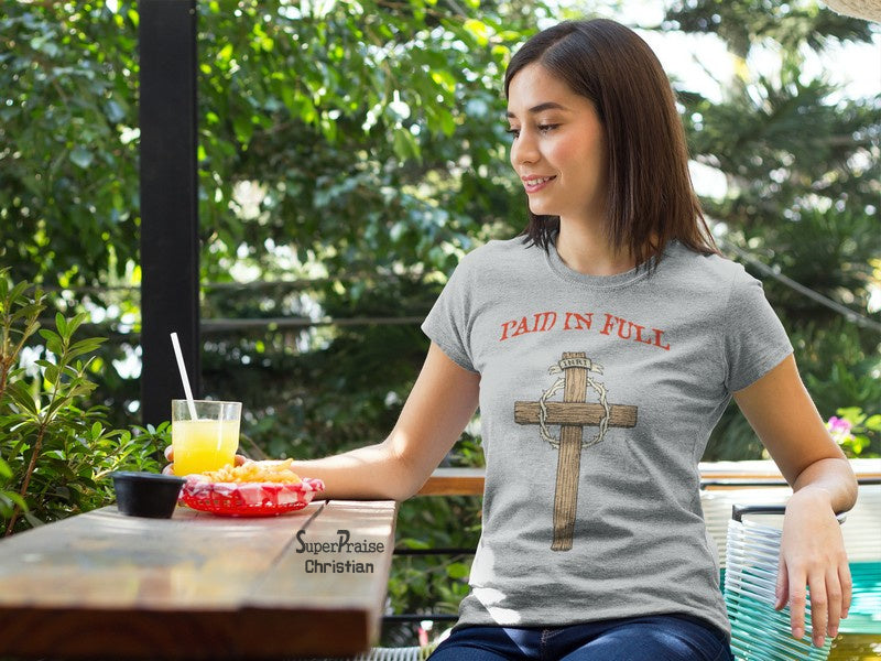Christian Women T Shirt Paid In Full Jesus Grey tee