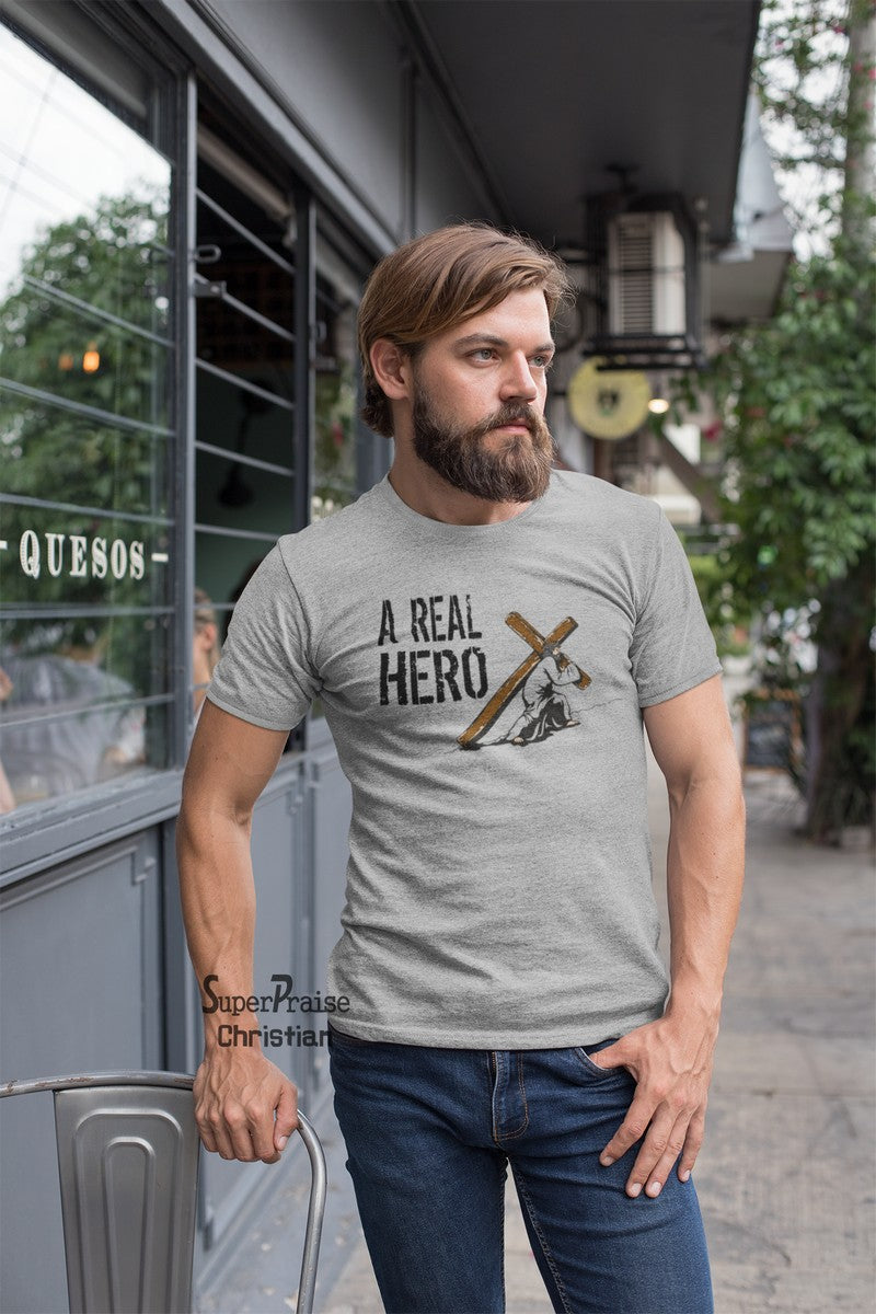 Jesus A Real Hero Men Christian Bible T Shirt - Super Praise Christian