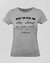 Christian Women T Shirt Resist Devil Jesus Grey tee
