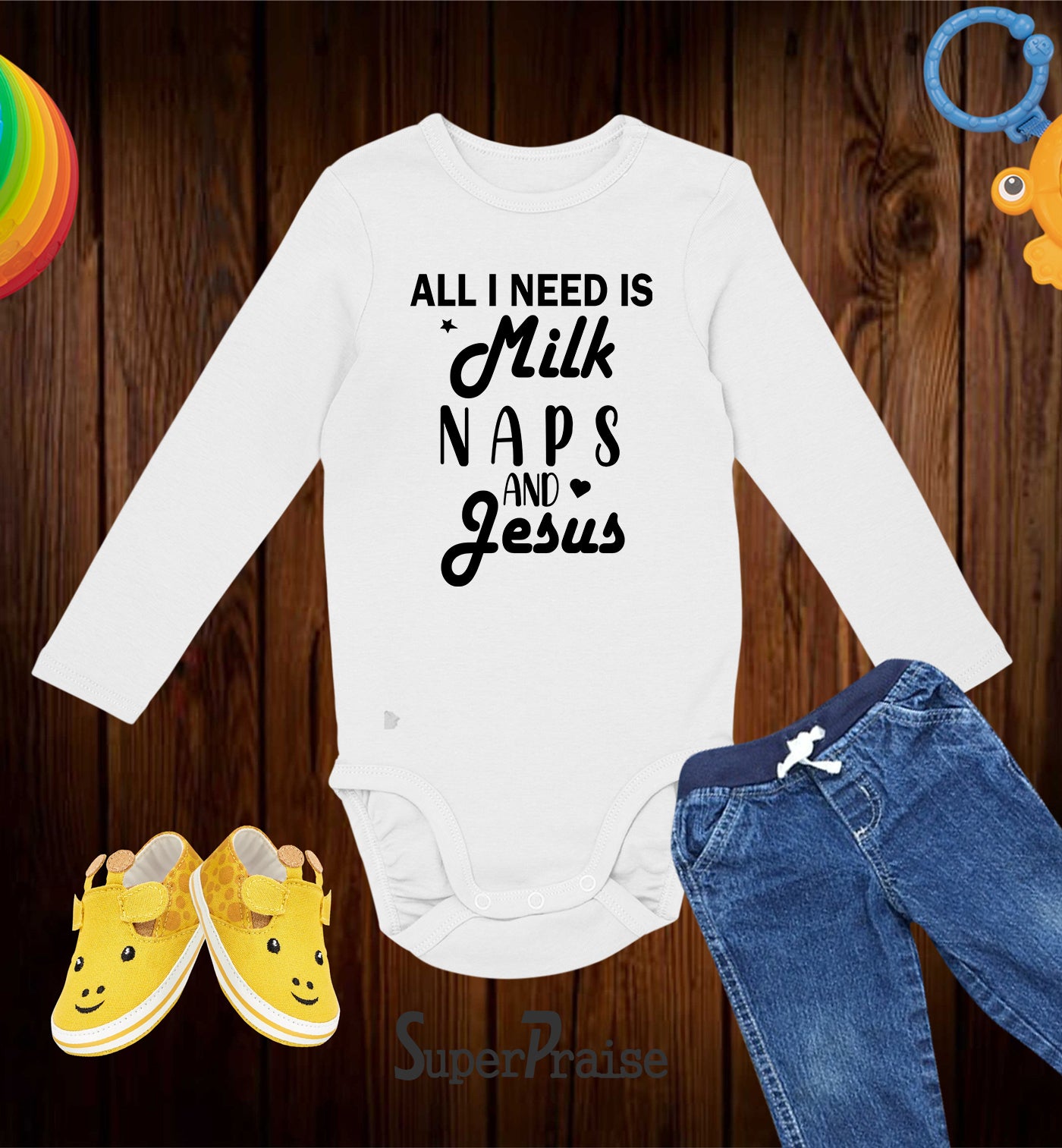 All I Need Is Milk Naps And Jesus Baby Shower Bodysuit
