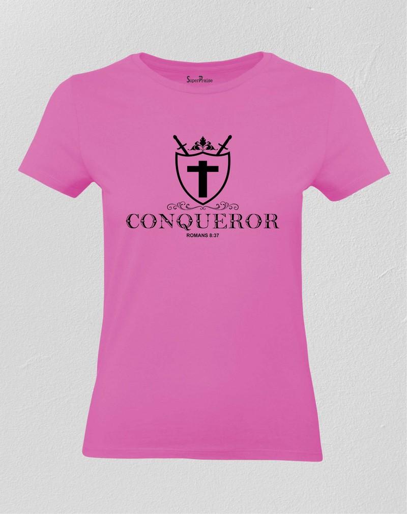 Christian Women T Shirt Conqueror Jesus Christ Cerise tee