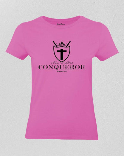 Christian Women T Shirt Conqueror Jesus Christ Cerise tee